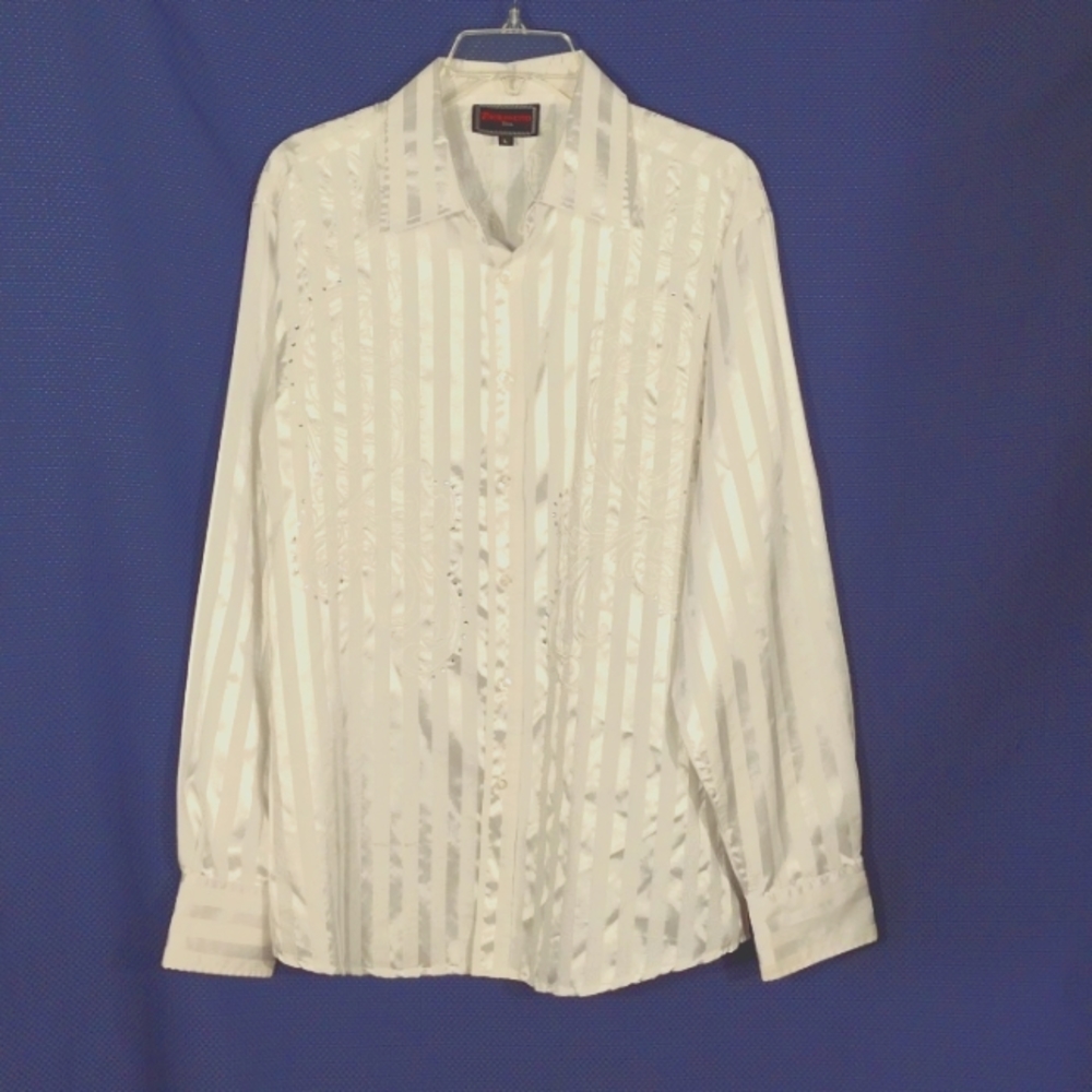 Patroncito man's white decorated dressy button-down shirt L